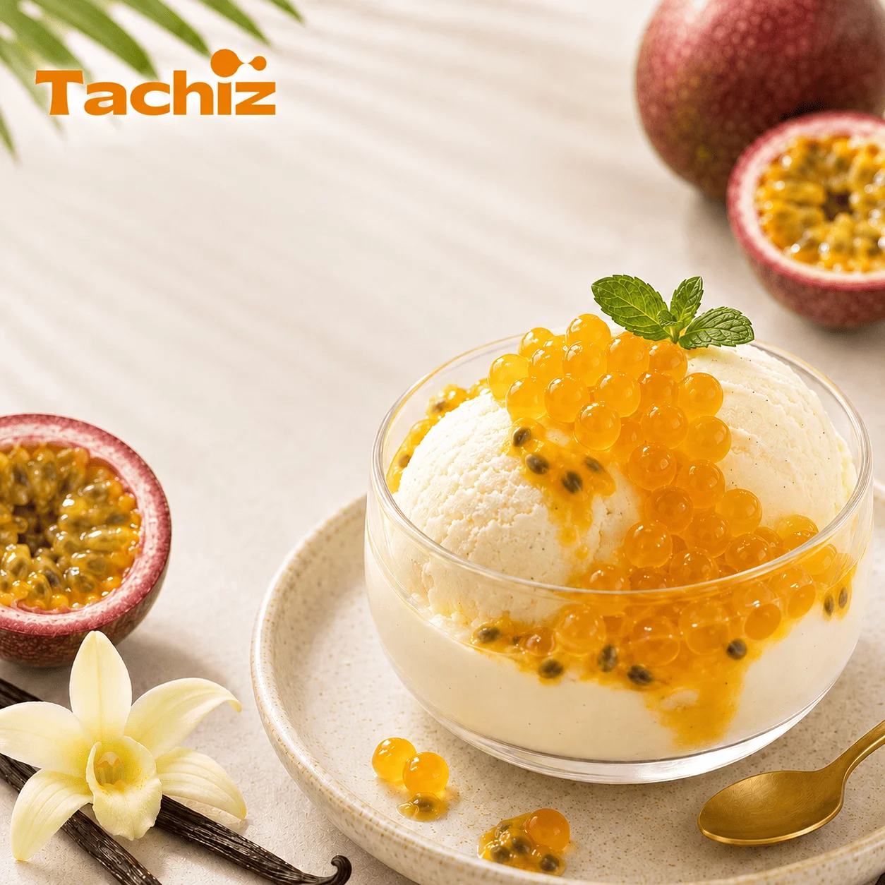anilla ice cream topped with bright yellow passion fruit popping boba