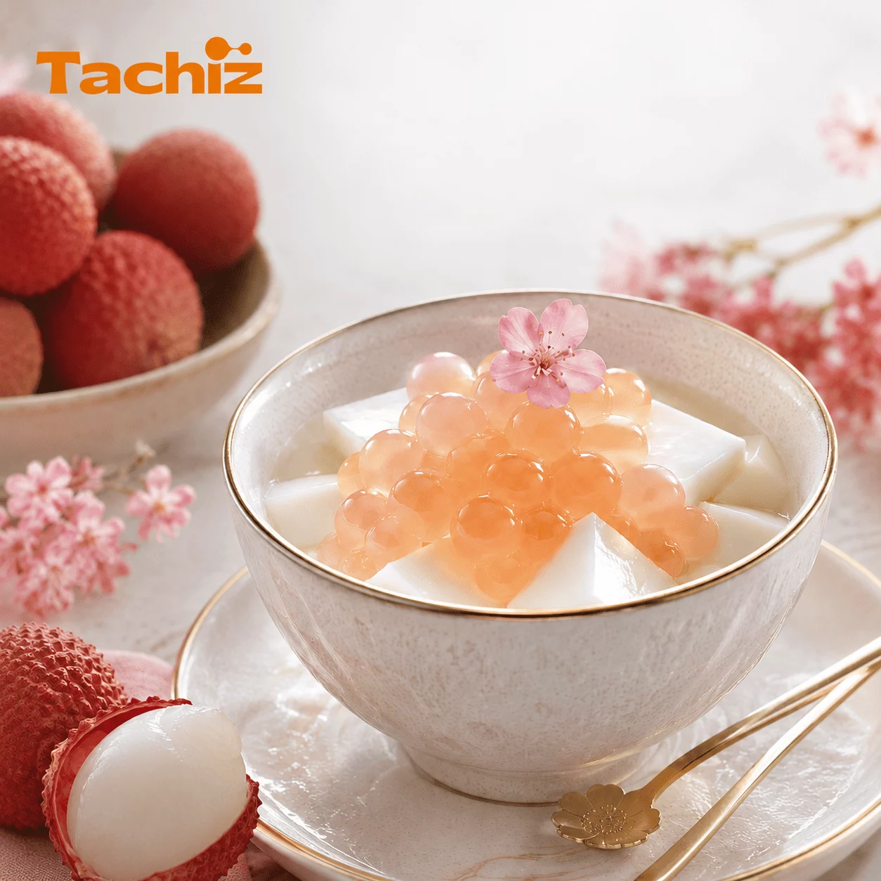 Silky almond tofu dessert topped with pink lychee popping boba