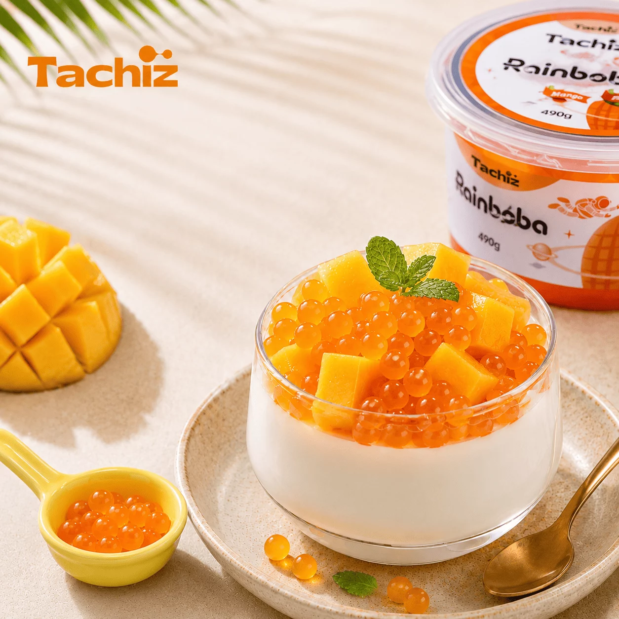 Tachiz popping boba retail pouch packaging and dessert application