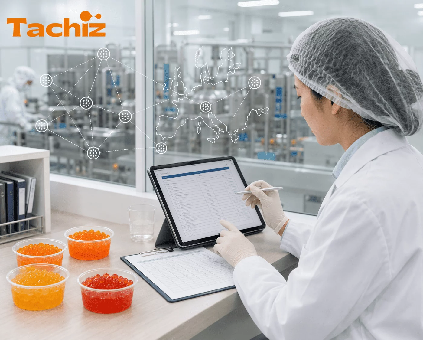 Food quality control technician checking allergen labelling and batch traceability for popping boba production