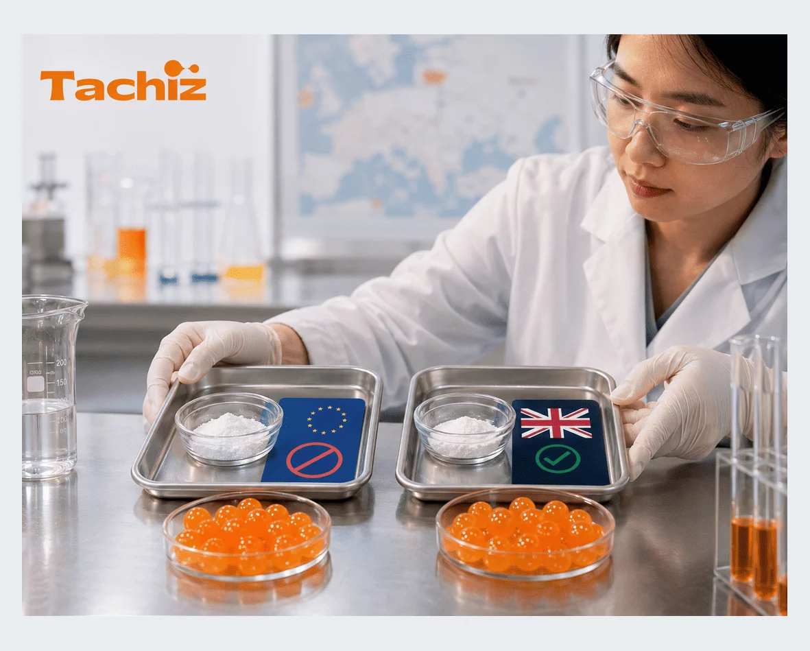 Tachiz food laboratory formulating compliant popping boba without titanium dioxide E171